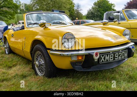 Low down front on view of a vintage Triumph Spitfire convertible on display at a free to enter classic car event Stock Photo