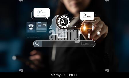 AI assistant prompt input system processes tasks with logic, data, automation, support tools and intelligent engine platform. AI search engine with Stock Photo