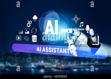 Futuristic AI Assistant Concept with Robotic Hand Interacting with Digital Icons and Symbols in a Night Cityscape Background Fluxor. Stock Photo