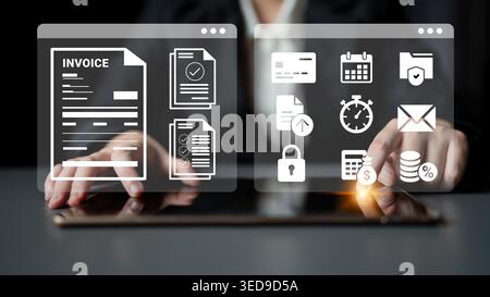 A business professional interacts with invoices and financial documents on a tablet, showcasing modern organization and efficient document management Stock Photo