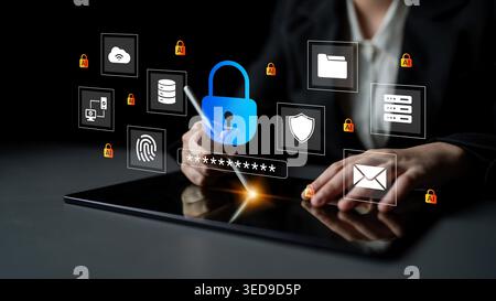 A modern representation of secure data protection featuring a digital lock and various icons. This image captures the essence of cybersecurity, online Stock Photo
