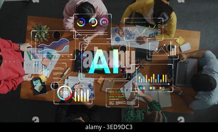 Collaborative Business Meeting with Data Analysis of Artificial Intelligence in Modern Office Environment with Diverse Team Engaged in Discussion Stock Photo