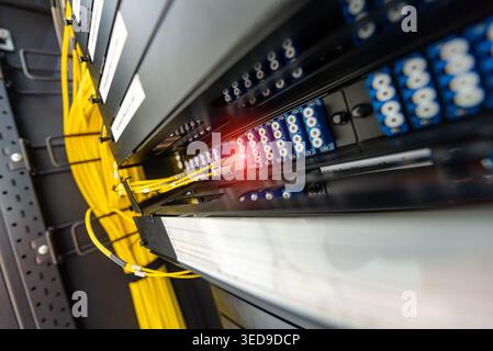 A close-up view of network cables and fiber optic connections inside a server room, showcasing the complexity of data communication technology and inf Stock Photo