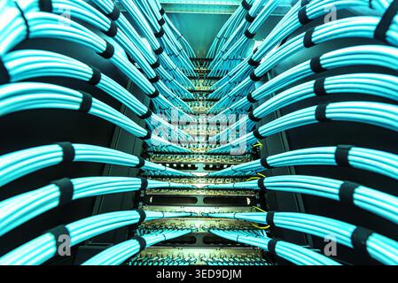 A detailed view of blue network cables organized in a server room, showcasing modern technology and an efficient data infrastructure setup. Ideal for Stock Photo