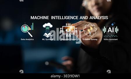 Machine Intelligence and Analysis Concept with Data Analytics, ML Systems, Computer Vision, Problem Solving, and Voice Assistant Icons Haptic. Stock Photo