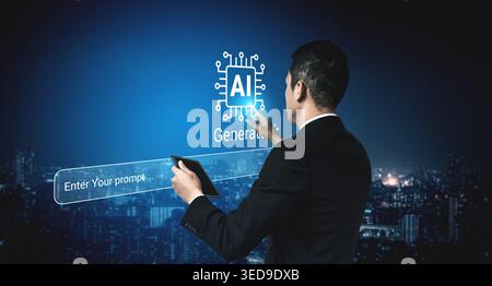 A businessman interacts with a digital artificial intelligence interface against a stunning urban skyline. This image represents the future of Stock Photo