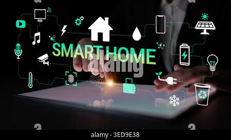Interactive Smart Home Technology with Touchscreen Control and Digital Icons Representing Home Automation Systems and Devices Haptic. Stock Photo
