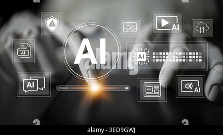 Explore a futuristic digital interface that highlights various concepts related to artificial intelligence through interactive icons and a modern Stock Photo