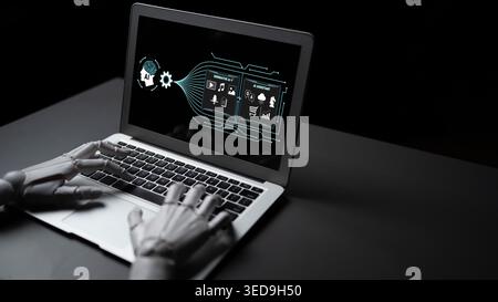 Futuristic robotic hand interacting with laptop displaying artificial intelligence and data analysis interface in dark environment Fluxor. Stock Photo