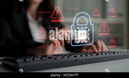 Professional woman focused on computer work with digital lock icon and warning signs about AI security risks, highlighting the importance of Stock Photo