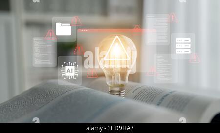 A glowing light bulb symbolizes innovation while surrounded by digital warnings and data visuals, highlighting the intersection of technology and Stock Photo