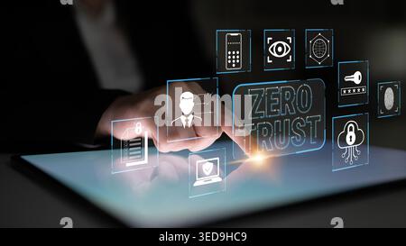 Touchscreen Interface Showing Digital Zero Trust Concept with Security Icons and User Interaction in Modern Office Environment Fluxor. Stock Photo