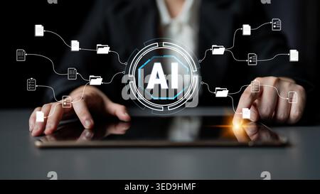 Futuristic Businessperson Interacting with AI Technology on a Digital Tablet, Showcasing Data Management and Innovative Solutions in the Workspace Stock Photo