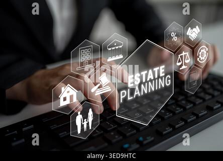 Professional Hands Typing on Keyboard with Estate Planning Concept Overlaid, Featuring Icons of Law, Property, and Family Relationships for Financial Stock Photo