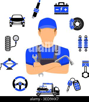 Car Services Concept for Poster, Web Site, Advertising with two color flat icons Spark Plug, Battery, Jack and Mechanic. Isolated vector illustration Stock Vector