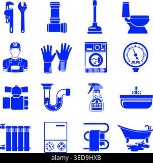 Plumbing Service Black Icons Set with Plumber, Device and Tools items. Isolated vector illustration. Stock Vector
