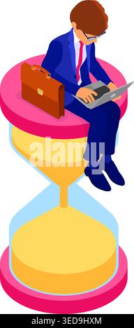 time management planning schedule from home with business man working on laptop with briefcase and hourglass deadline time isometric infographics busi Stock Vector