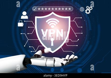 Futuristic Robot Hand Displaying VPN Shield Concept with Security Icons and Digital Network Background in Technology Illustration Haptic. Stock Photo
