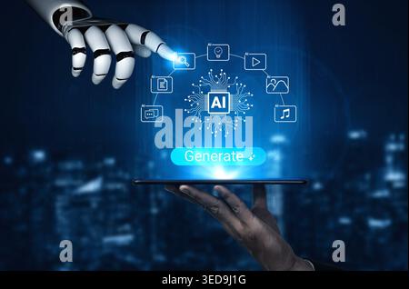 A futuristic scene featuring a robotic hand touching a tablet displaying AI icons and a generate button, symbolizing advanced technology and digital Stock Photo
