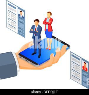 Online isometric employment, recruitment and hiring concept. Internet job agency human resources. Hand with smartphone, job seeker and resume. isolate Stock Vector
