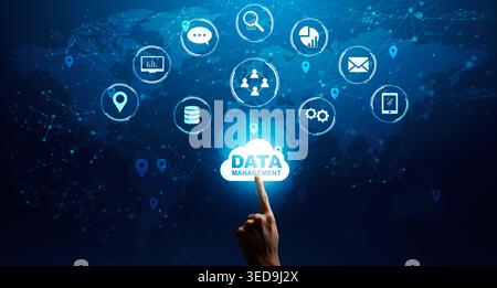 Man Hand Choosing Gloving Data Management Cloud, Different Infographic Icons On Background Stock Photo