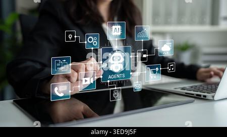 AI agents orchestrate workflows across prompts, media, email and analytics. AI coordinates tasks, strengthens operations, and improves efficiency for Stock Photo
