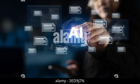 AI document automation concept with floating files and knowledge cards. Document NLP processing, search, document summarization, LLM document Stock Photo