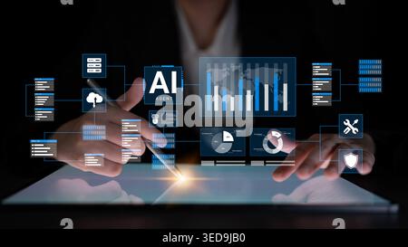 A business professional interacts with a high-tech digital interface showcasing various analytics and data visualization elements to enhance decision Stock Photo
