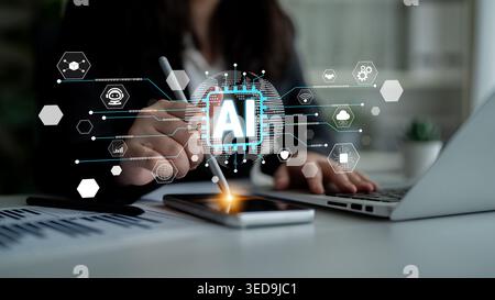 Person Using Tablet with Artificial Intelligence Concepts and Icons in Office Environment, Emphasizing Technology and Innovation in the Digital Age Stock Photo