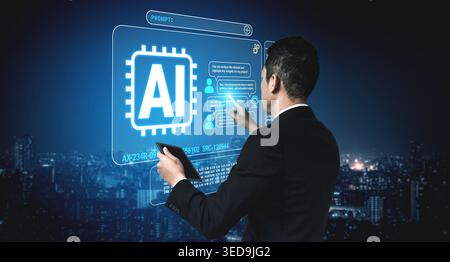Businessman Engaging with Futuristic Artificial Intelligence Interface in Urban Setting, Representing Technology and Innovation Fluxor. Stock Photo