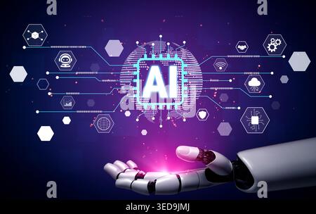 Futuristic Concepts of Artificial Intelligence Integration with Technology and Innovative Data Processing in a Digital Landscape Fluxor. Stock Photo