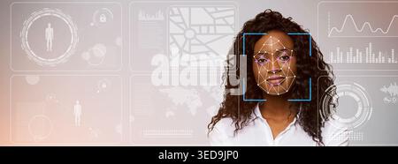 Cyber security. Scanning of African American woman's face against virtual interface with digital data, copy space Stock Photo
