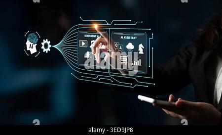 Woman Using Smartphone to Access Generative AI Technology with Interactive Digital Interface and Data Visualizations in Dark Environment Fluxor. Stock Photo