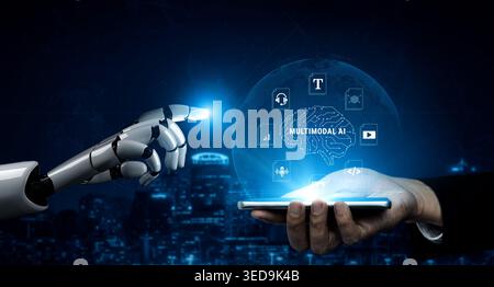 Human and Robot Interaction with Advanced Technology Displaying Multimodal AI Concept in a Futuristic Digital Environment Haptic. Stock Photo