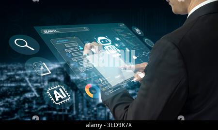 Businessman Interacting with Futuristic Digital Technology Interface Featuring Artificial Intelligence and Data Analysis in Modern Urban Environment Stock Photo