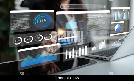 Close-up view of modern data analysis interface displaying graphs and charts, with a professional interacting with touchscreen technology in a Stock Photo