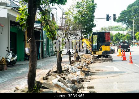 Construction work is underway on an urban roadside area, featuring machinery, traffic cones, and trees, showcasing the bustling environment of city ma Stock Photo