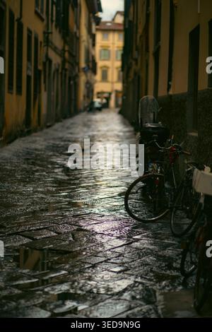 Raindrops falling on a cobble stone street in Florence, Italy Stock Photo