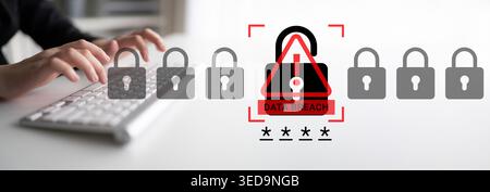 A modern cybersecurity concept highlighting a data breach warning alongside a computer keyboard and padlocks, emphasizing the importance of online Stock Photo