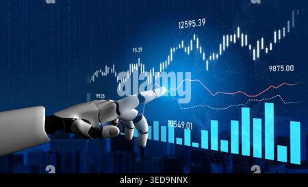 A futuristic robotic hand points at financial graphs and charts, highlighting market trends and investment growth in a high-tech environment optimized Stock Photo