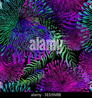Seamless neon blue-violet floral pattern on a black background Hand drawn. Not AI, vector illustration Stock Vector