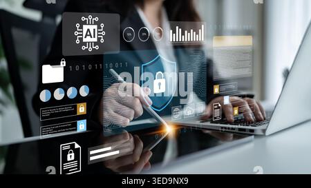 A businesswoman works on her laptop, surrounded by digital icons representing security and analytics, illustrating the intersection of technology and Stock Photo
