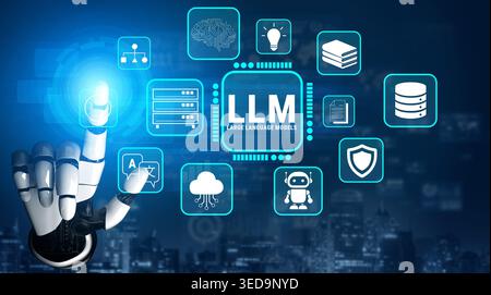Futuristic Interface with Robotic Hand Interacting with Icons Representing Large Language Models and Technology Concepts Fluxor. Stock Photo