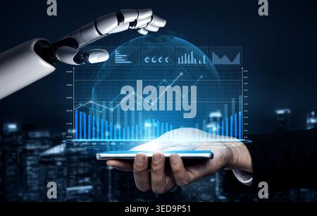 A robotic hand interacts with a mobile device, displaying a holographic globe and data analytics. This image symbolizes the intersection of technology Stock Photo