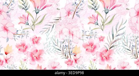 Seamless background with pink watercolor delicate flowers. Hand drawn. Not AI, vector illustration. Stock Vector