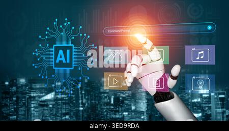 Futuristic AI Interaction Concept with Robotic Hand Touching Command Search Bar Amidst Digital City Background and Advanced Technology Icons Cyphers Stock Photo