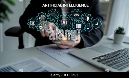 Futuristic Business Concept with Artificial Intelligence Integration and Digital Tools for Innovation and Technology Advancement on Smartphone Haptic. Stock Photo