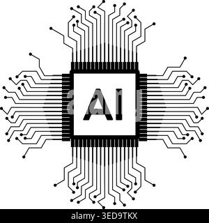 Branching microchip with inscription AI. Vector line illustration for AI networking concept, distributed computing, neural network Stock Vector