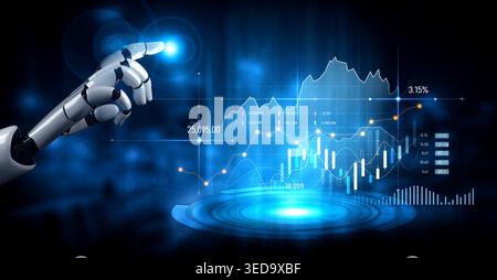 A sleek robotic hand interacts with a vibrant digital financial chart, symbolizing the merging of technology and finance. Explore automation and data Stock Photo
