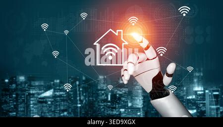 A robotic hand reaches out to interact with smart home technology, showcasing connectivity in a vibrant city at night. Advanced design meets urban Stock Photo